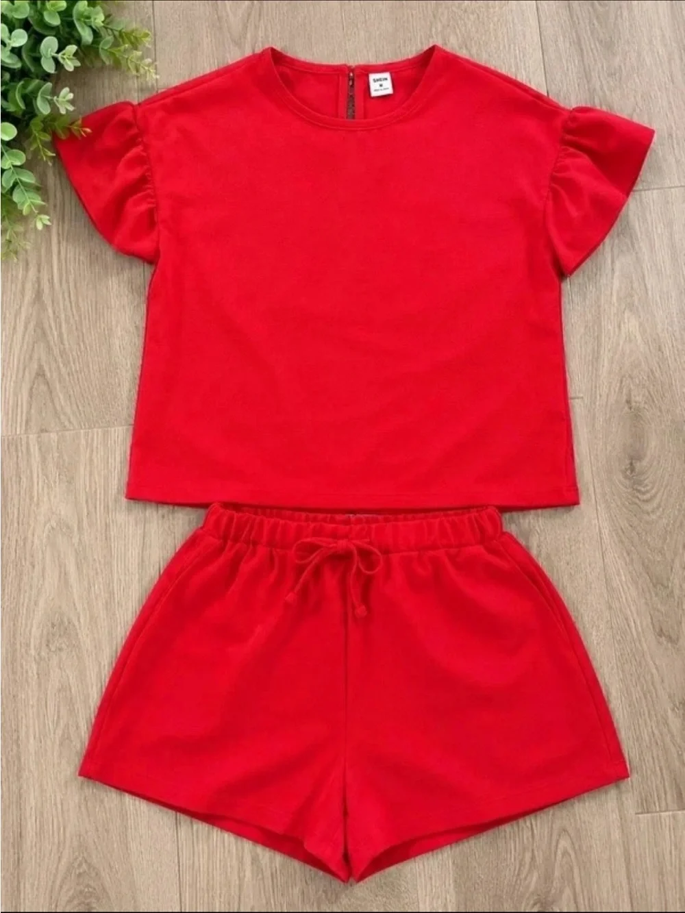 SHEIN Red Girls Short Sleeve Top & Elastic Waist Shorts Set